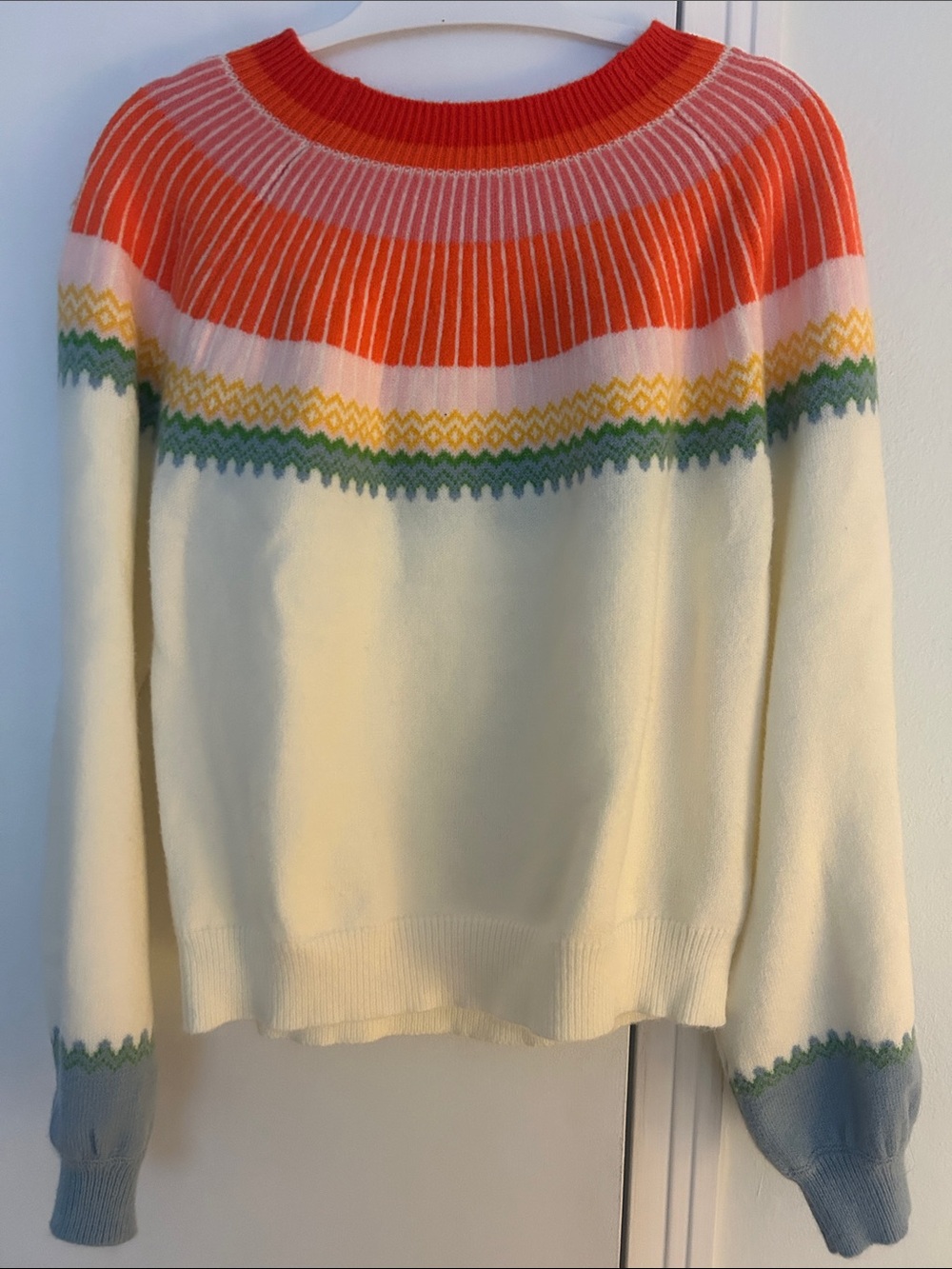 Cream Crewneck Sweater with Orange and Pink Yoke